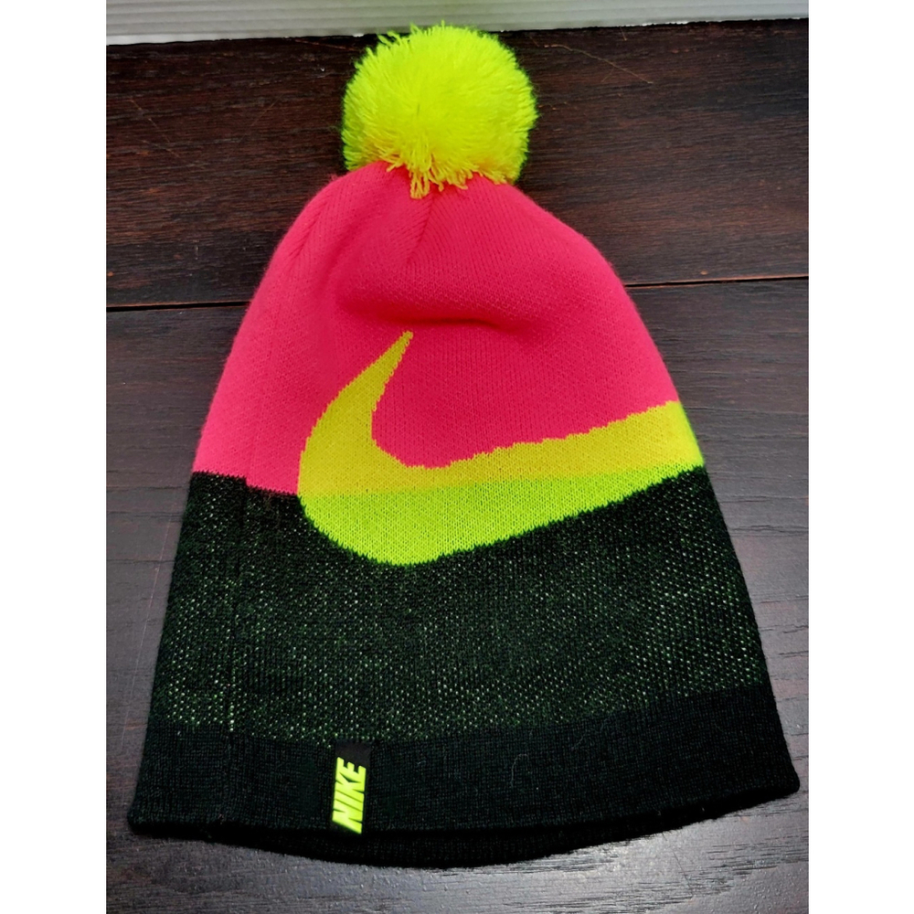 Nike Hat Beanie Youth Pink Yellow Striped Knit Pom Pom Cuffed Winter Cap